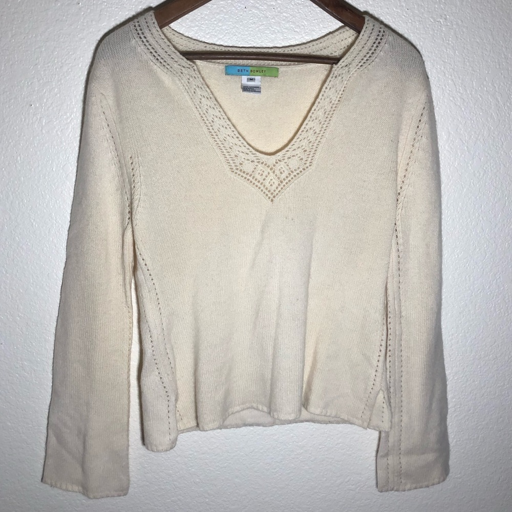 Beth Bowley Anthropologie 100% cashmere v neck bell sleeve sweater cream boho - Picture 2 of 5